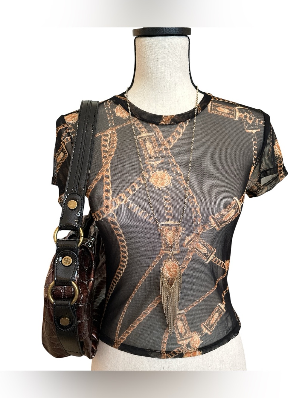 Just Polly Black Chain Print Sheer Mesh Cropped Baby Tee Y2K It Girl Small